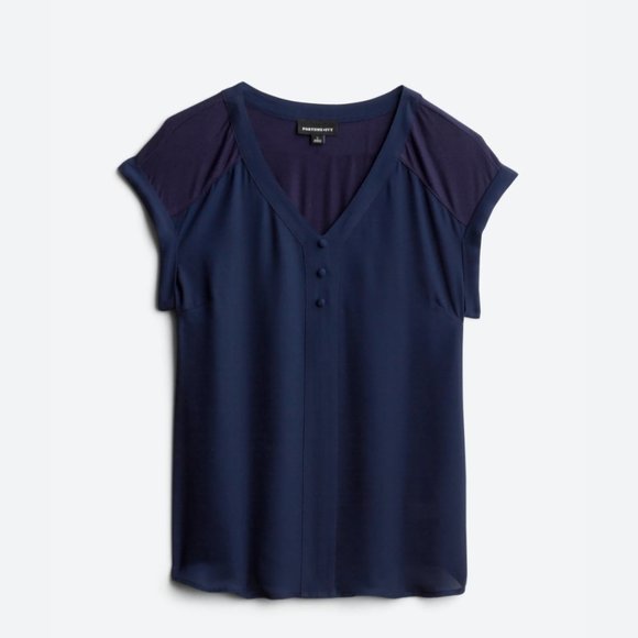 Fortune + Ivy Tops - Stitch Fix Fortune + Ivy Helina Mixed Material Blouse - Navy - L